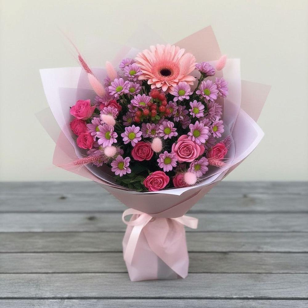 Букет цветов из: Розы, Герберы и Хризантемы в Праслово