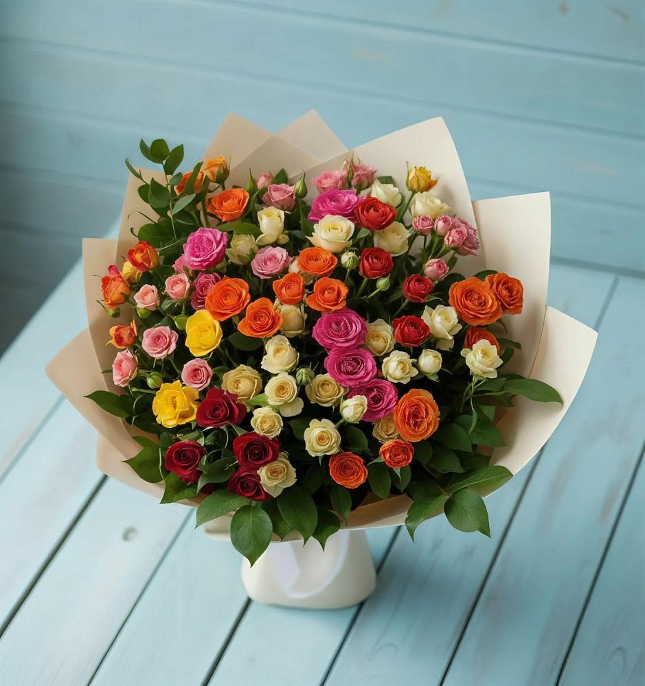 Букет Микс из разноцветных кустовых роз в Праслово