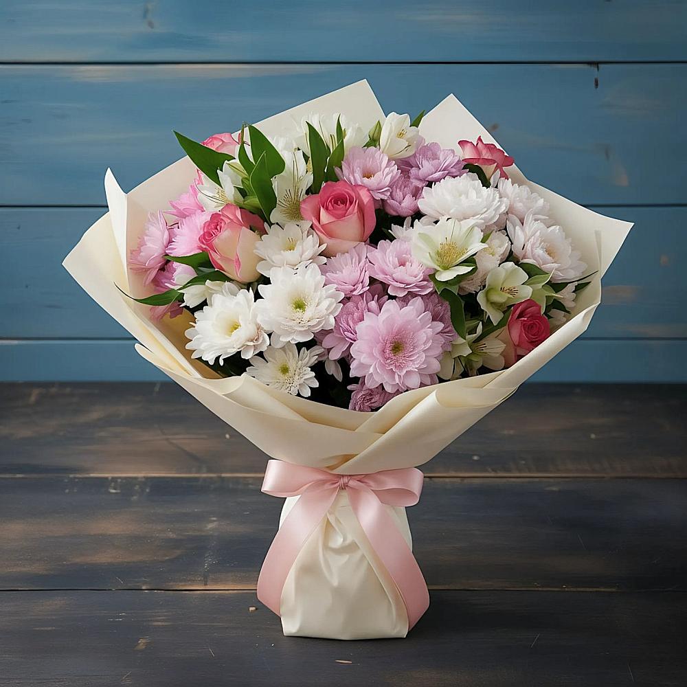 Букет цветов из: Хризантемы, Альстромерии и Розы в Праслово